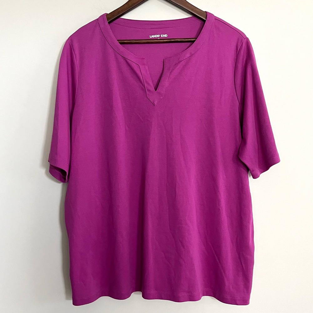 Lands End Womens 2X Magenta Purple Split Neck Short Sleeve Knit Top Shirt